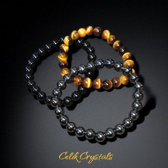 3 Piece Protection Bracelet Set Tiger Eye Hematite Black Tourmaline 8mm Unisex - Picture 4 of 6